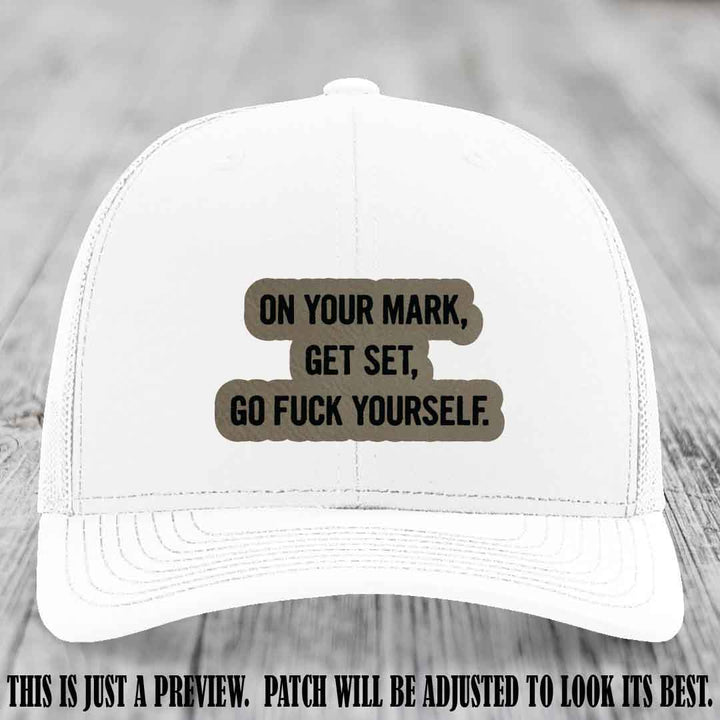 On Your Mark - Light Brown to Black Patch on White Hat Richardson 112 Leather Patch Hat