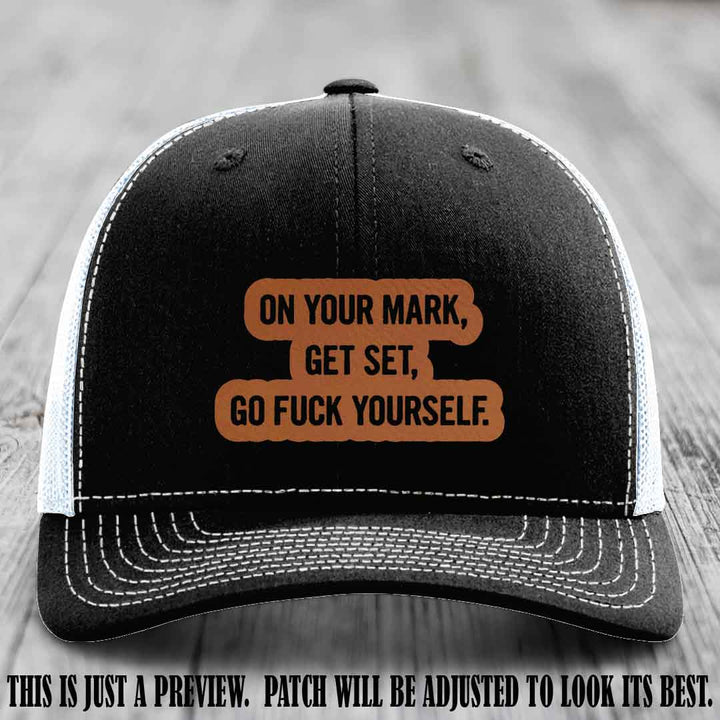 On Your Mark - Rawhide to Black Patch on Black to White Hat Richardson 112 Leather Patch Hat