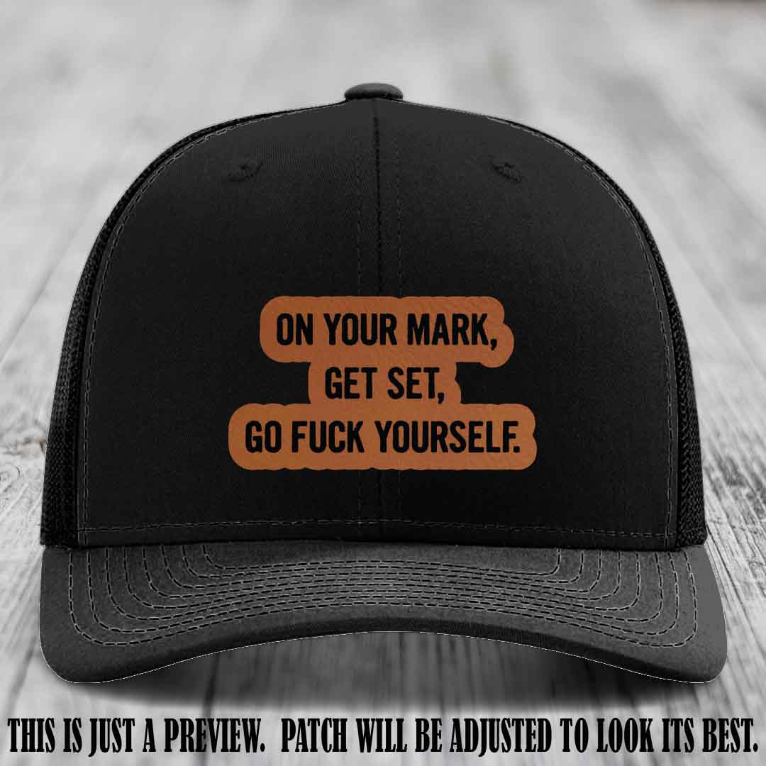 On Your Mark - Rawhide to Black Patch on Black Hat Richardson 112 Leather Patch Hat