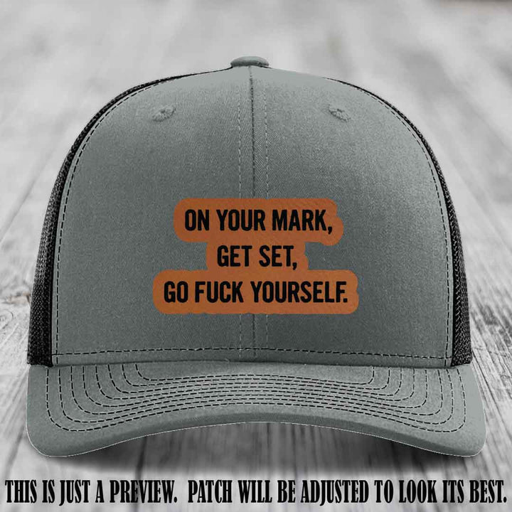 On Your Mark - Rawhide to Black Patch on Heather Grey to Black Hat Richardson 112 Leather Patch Hat