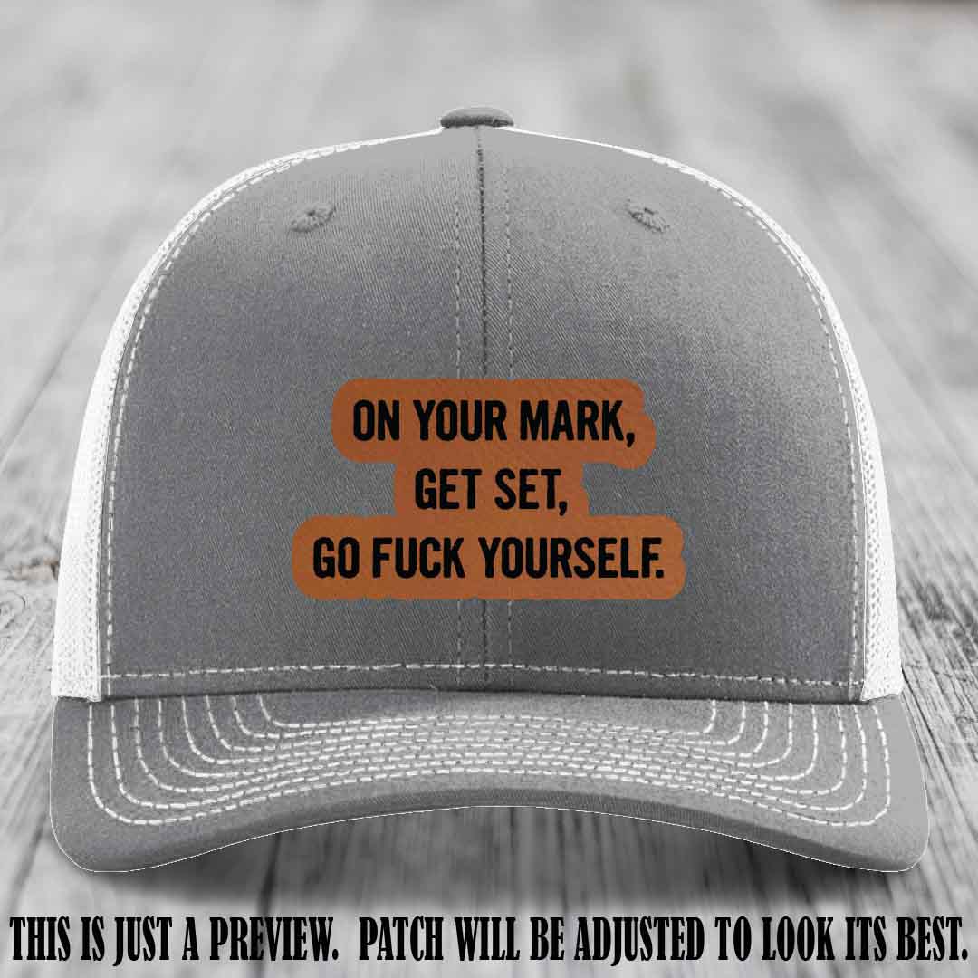 On Your Mark - Rawhide to Black Patch on Heather Grey to White Hat Richardson 112 Leather Patch Hat