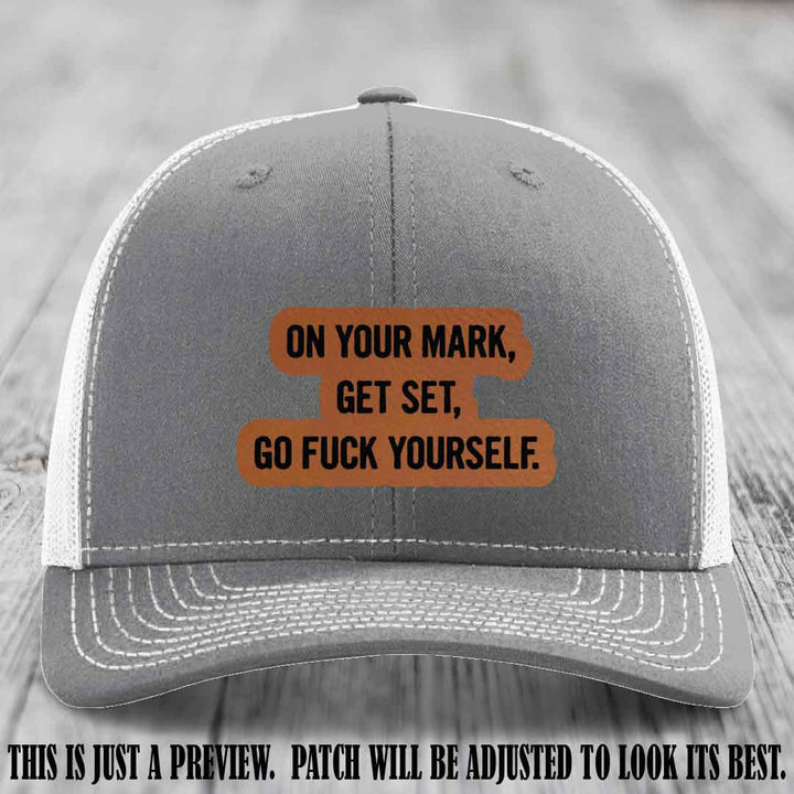 On Your Mark - Rawhide to Black Patch on Heather Grey to White Hat Richardson 112 Leather Patch Hat