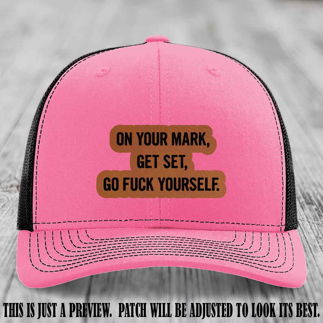 On Your Mark - Rawhide to Black Patch on Hot Pink to Black Hat Richardson 112 Leather Patch Hat