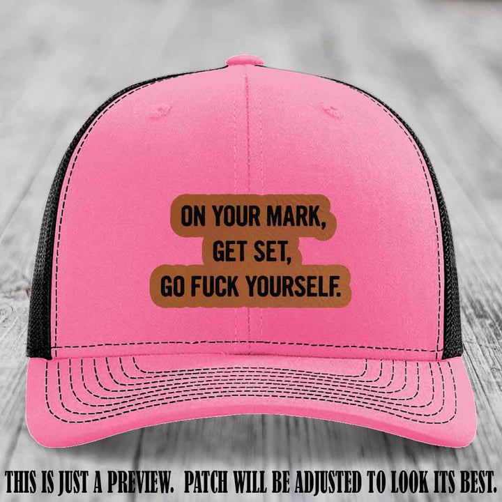 On Your Mark - Rawhide to Black Patch on Hot Pink to Black Hat Richardson 112 Leather Patch Hat