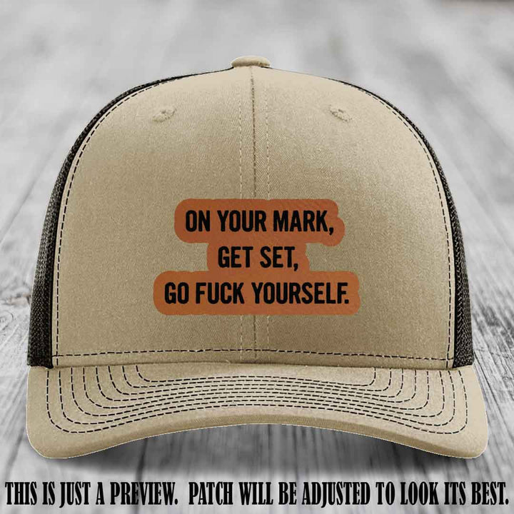 On Your Mark - Rawhide to Black Patch on Khaki to Coffee Hat Richardson 112 Leather Patch Hat