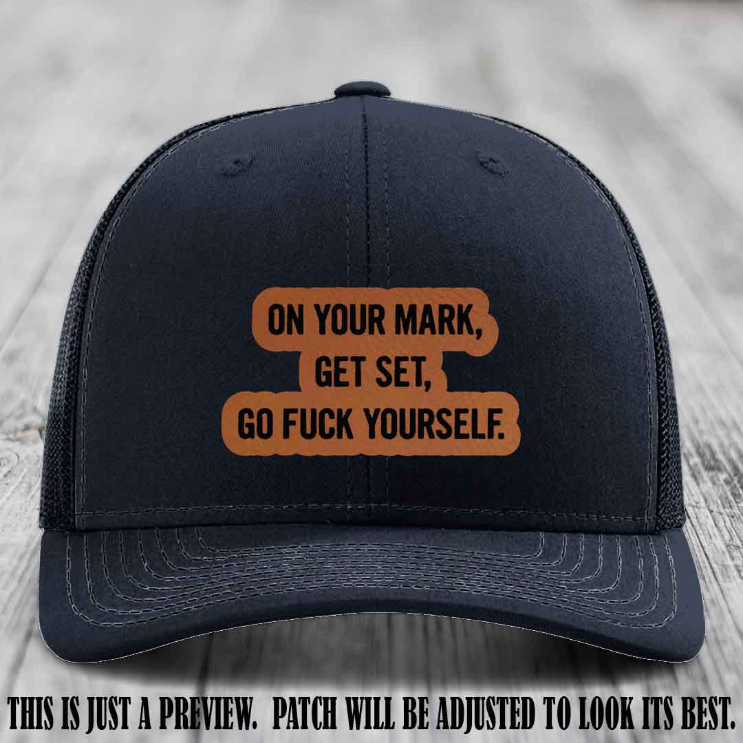 On Your Mark - Rawhide to Black Patch on Navy Hat Richardson 112 Leather Patch Hat