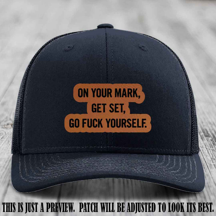On Your Mark - Rawhide to Black Patch on Navy Hat Richardson 112 Leather Patch Hat