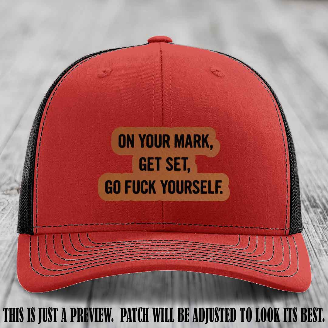 On Your Mark - Rawhide to Black Patch on Red to Black Hat Richardson 112 Leather Patch Hat