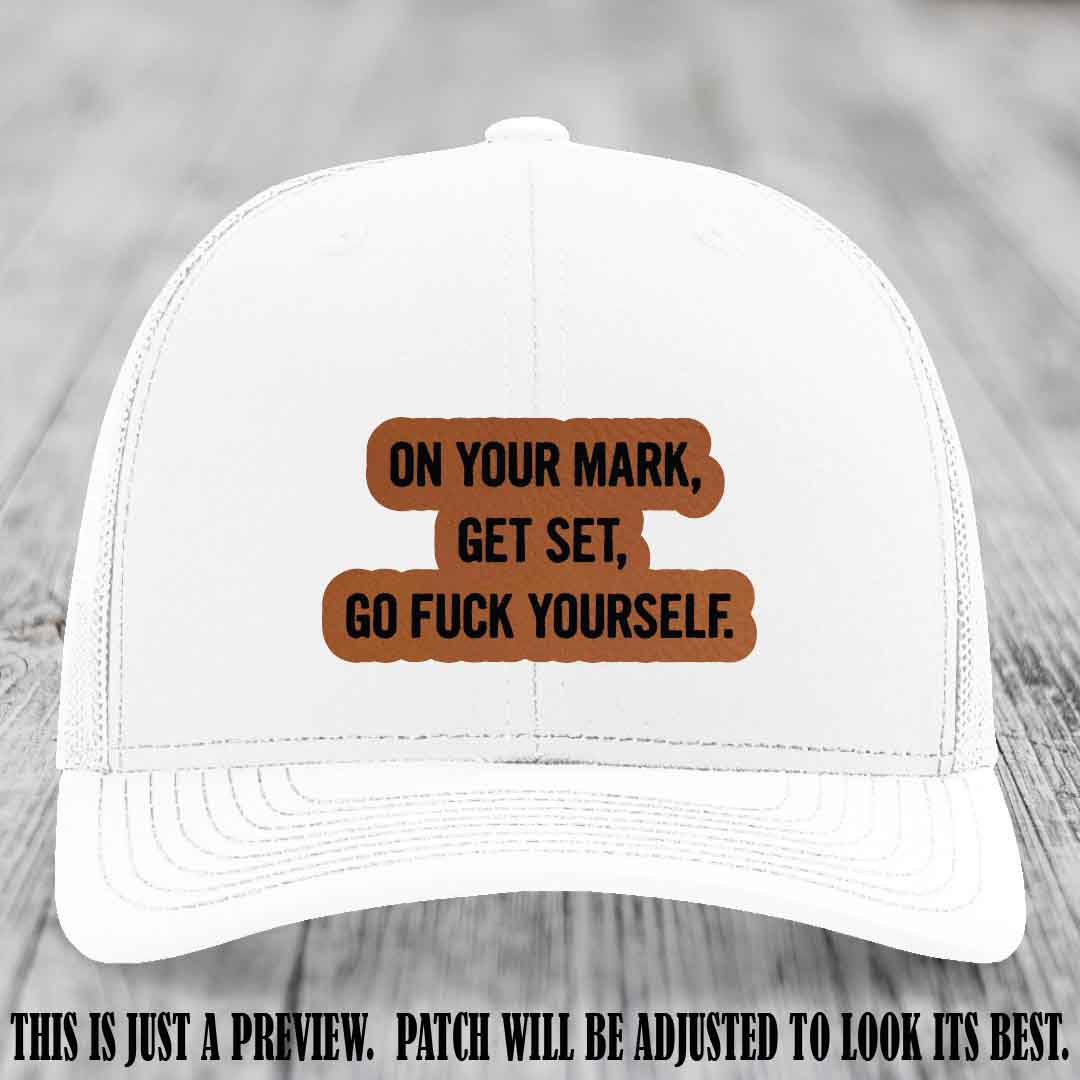 On Your Mark - Rawhide to Black Patch on White Hat Richardson 112 Leather Patch Hat