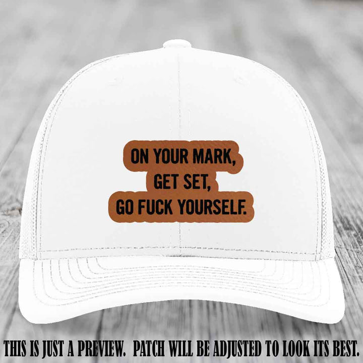 On Your Mark - Rawhide to Black Patch on White Hat Richardson 112 Leather Patch Hat