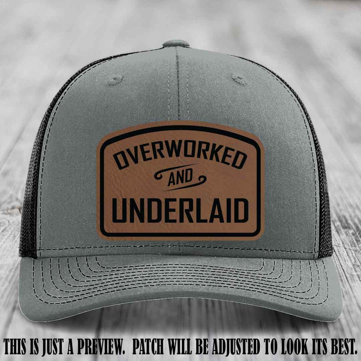 Overworked and Underlaid design Dark Brown to Black Patch on Heather Grey to Black Hat Richardson 112 Hat