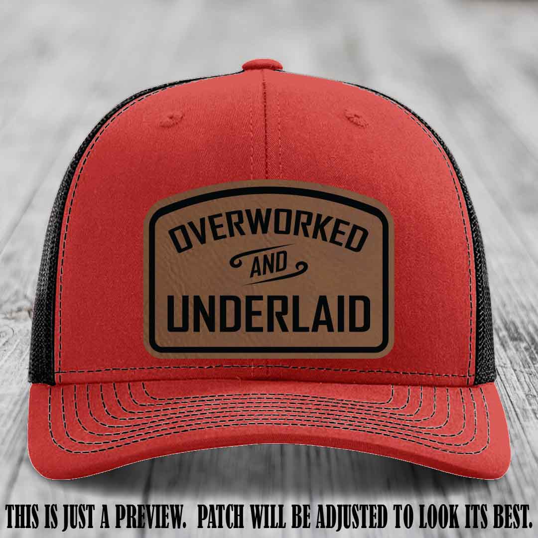 Overworked and Underlaid design Dark Brown to Black Patch on Red to Black Hat Richardson 112 Hat