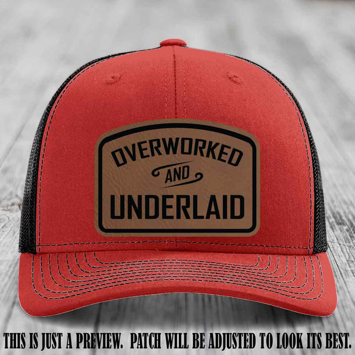 Overworked and Underlaid design Dark Brown to Black Patch on Red to Black Hat Richardson 112 Hat