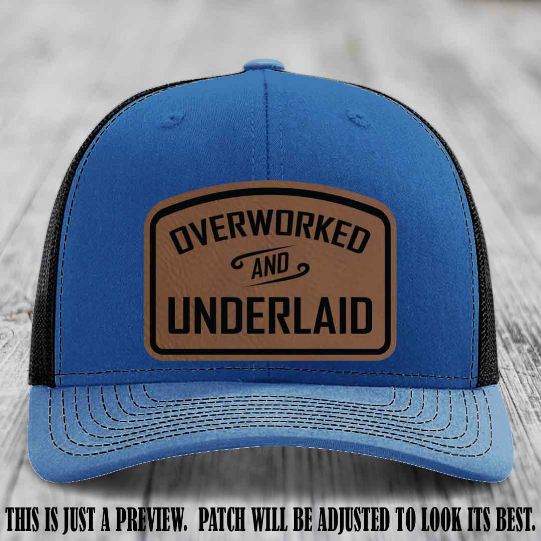 Overworked and Underlaid design Dark Brown to Black Patch on Royal to Black Hat Richardson 112 Hat