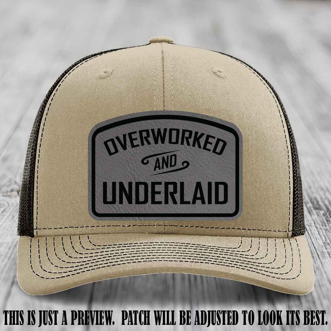 Overworked and Underlaid design Grey to Black Patch on Khaki to Coffee Hat Richardson 112 Hat