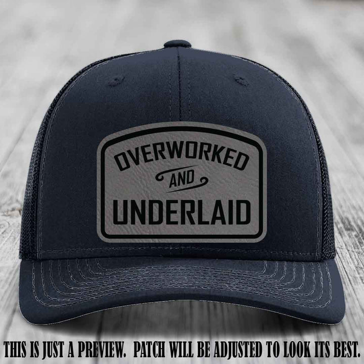 Overworked and Underlaid design Grey to Black Patch on Navy Hat Richardson 112 Hat