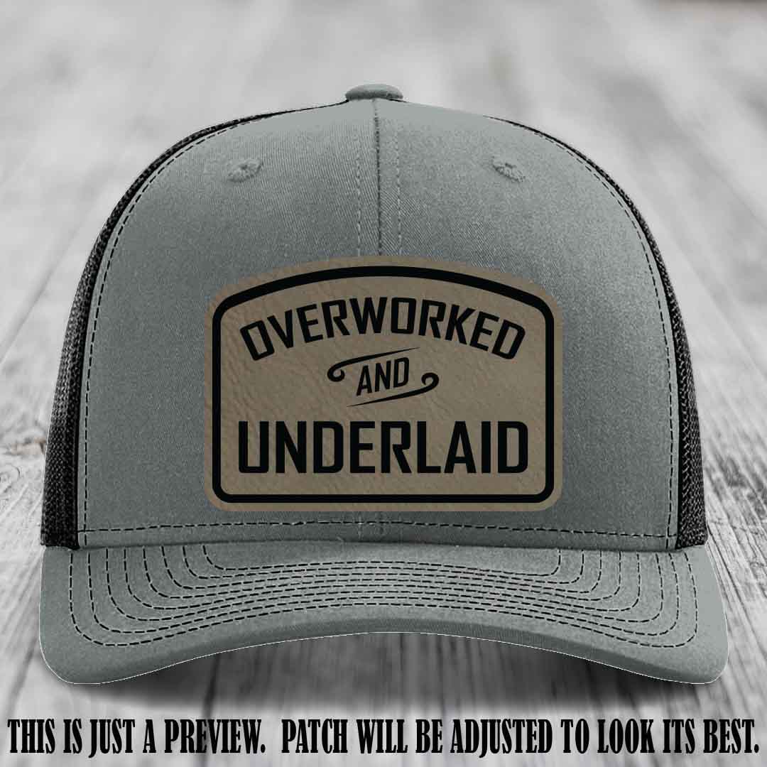 Overworked and Underlaid design Light Brown to Black Patch on Heather Grey to Black Hat Richardson 112 Hat