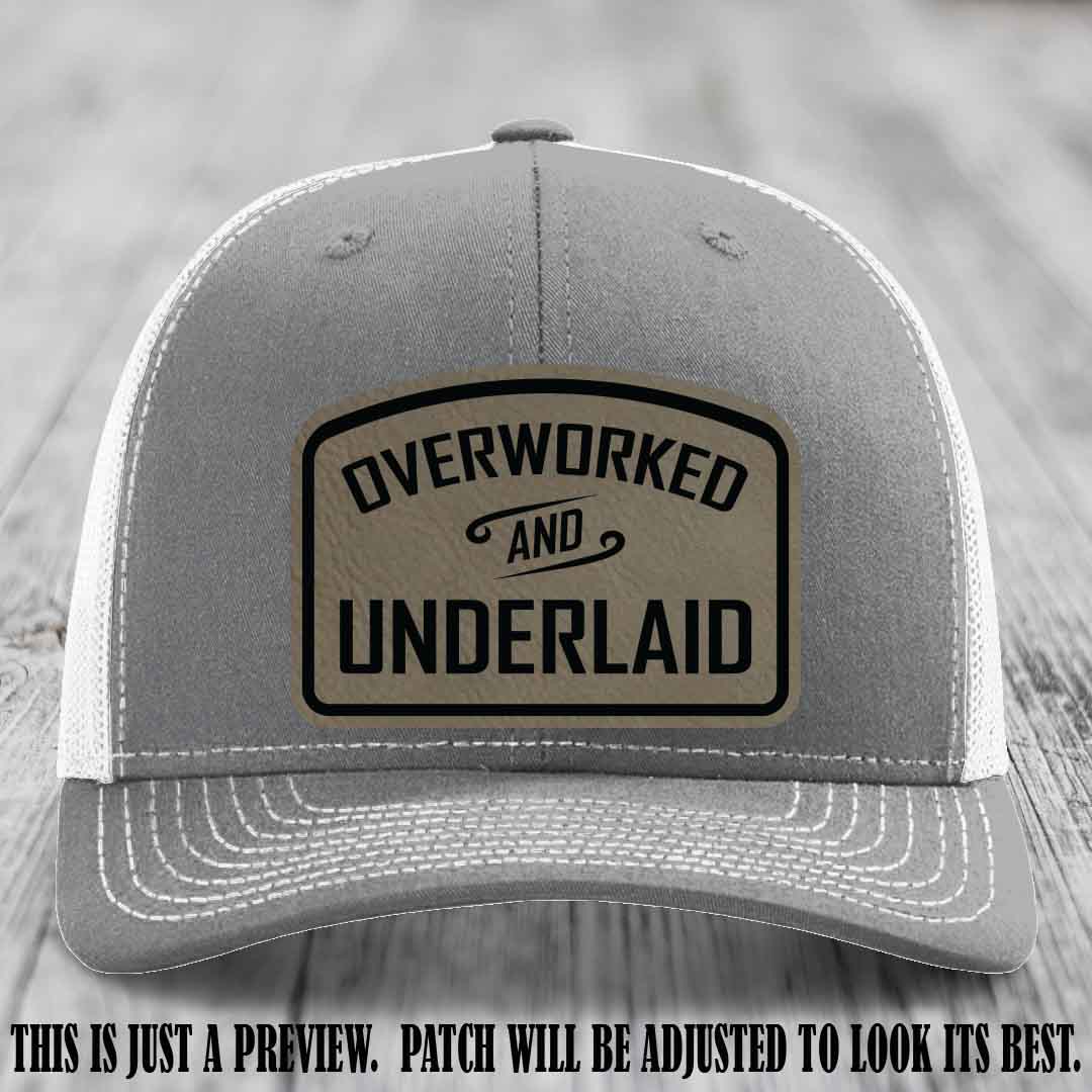 Overworked and Underlaid design Light Brown to Black Patch on Heather Grey to White Hat Richardson 112 Hat