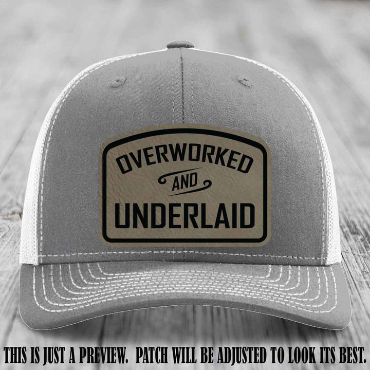 Overworked and Underlaid design Light Brown to Black Patch on Heather Grey to White Hat Richardson 112 Hat