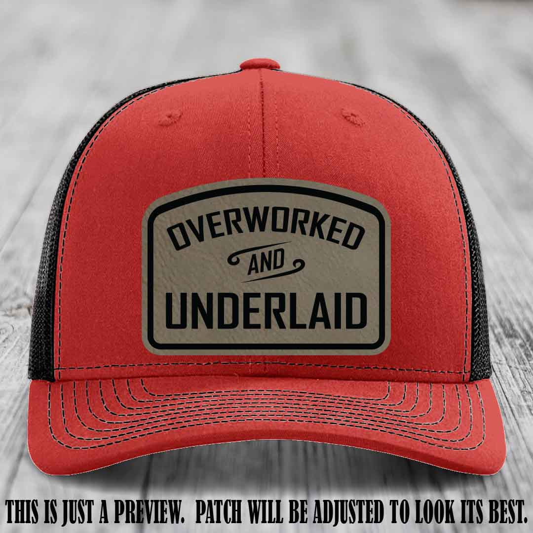 Overworked and Underlaid design Light Brown to Black Patch on Red to Black Hat Richardson 112 Hat