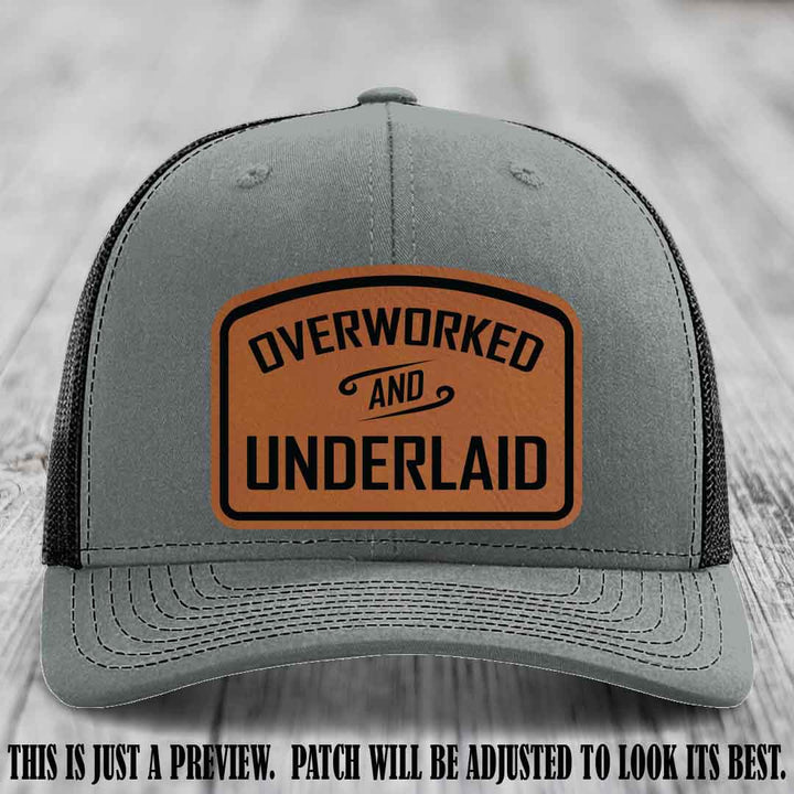 Overworked and Underlaid design Rawhide to Black Patch on Heather Grey to Black Hat Richardson 112 Hat