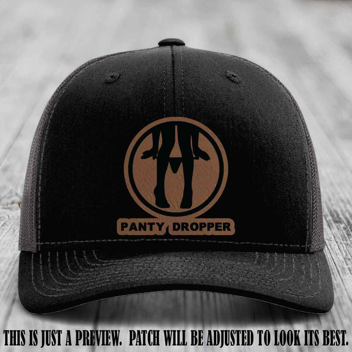 Panty Dropper Dark Brown to Black Patch Leather Patch on Black to Charcoal Hat - Richardson 112 Custom Hat