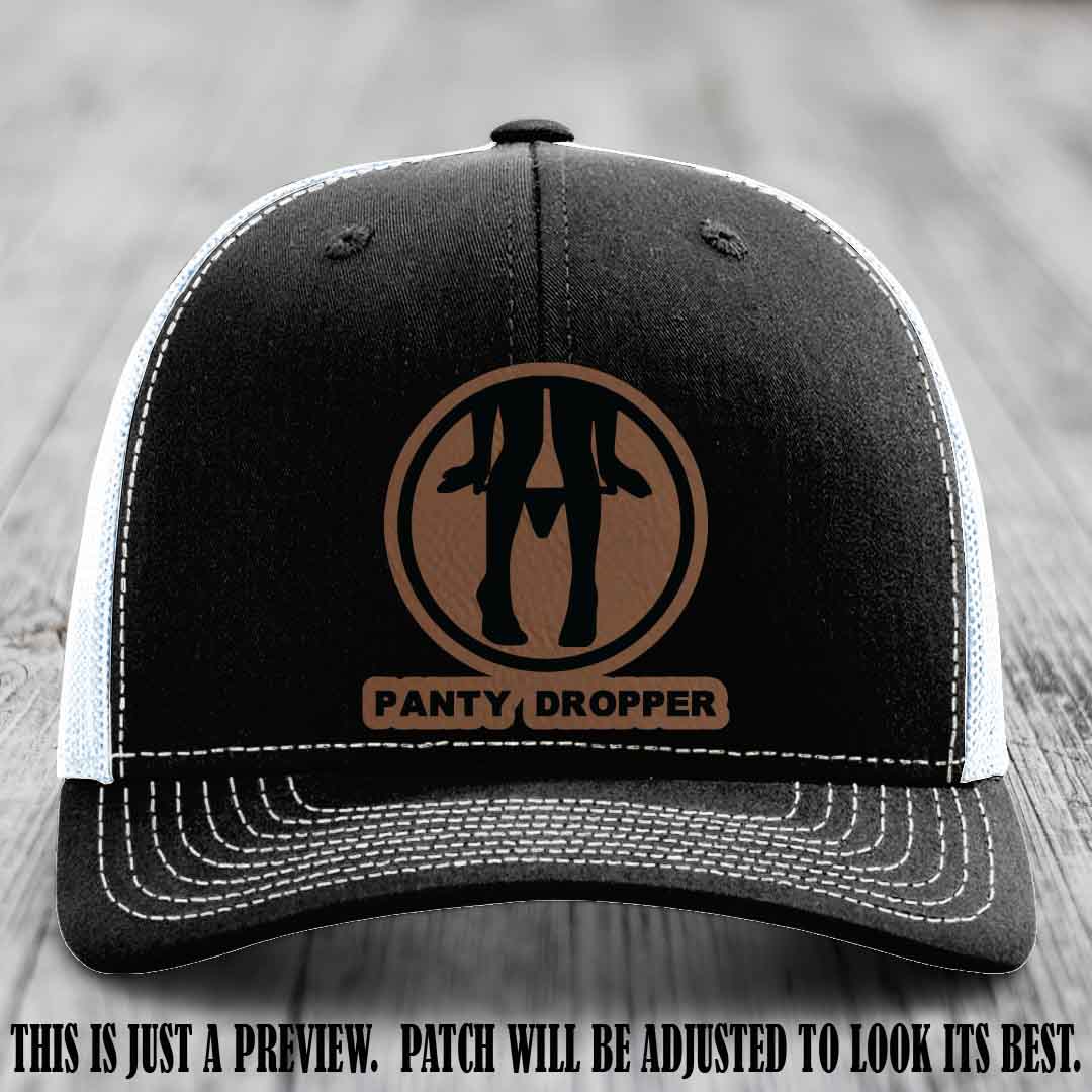 Panty Dropper Dark Brown to Black Patch Leather Patch on Black to White Hat - Richardson 112 Custom Hat