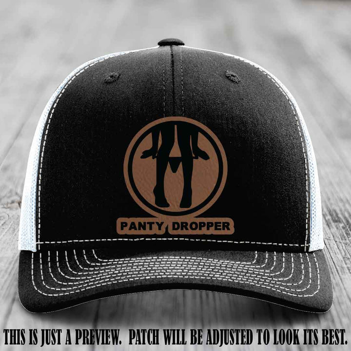 Panty Dropper Dark Brown to Black Patch Leather Patch on Black to White Hat - Richardson 112 Custom Hat