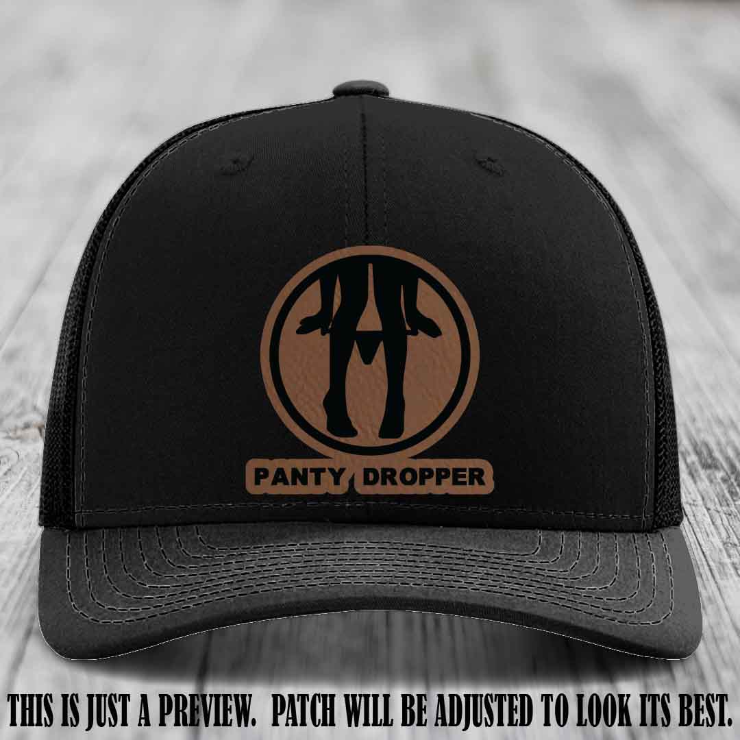 Panty Dropper Dark Brown to Black Patch Leather Patch on Black Hat - Richardson 112 Custom Hat