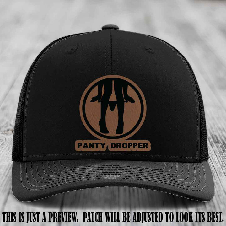Panty Dropper Dark Brown to Black Patch Leather Patch on Black Hat - Richardson 112 Custom Hat