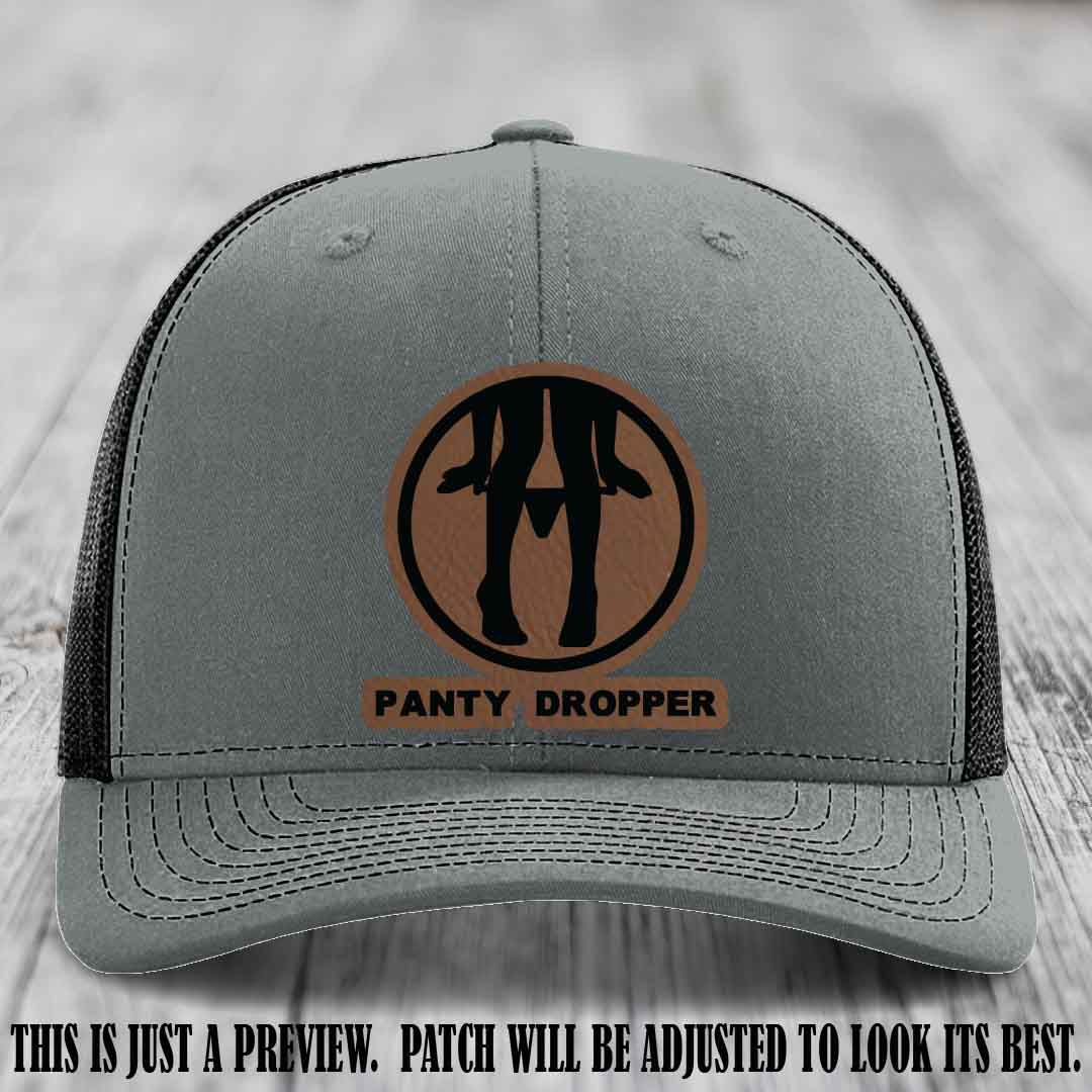 Panty Dropper Dark Brown to Black Patch Leather Patch on Heather Grey to Black Hat - Richardson 112 Custom Hat