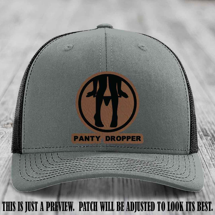Panty Dropper Dark Brown to Black Patch Leather Patch on Heather Grey to Black Hat - Richardson 112 Custom Hat