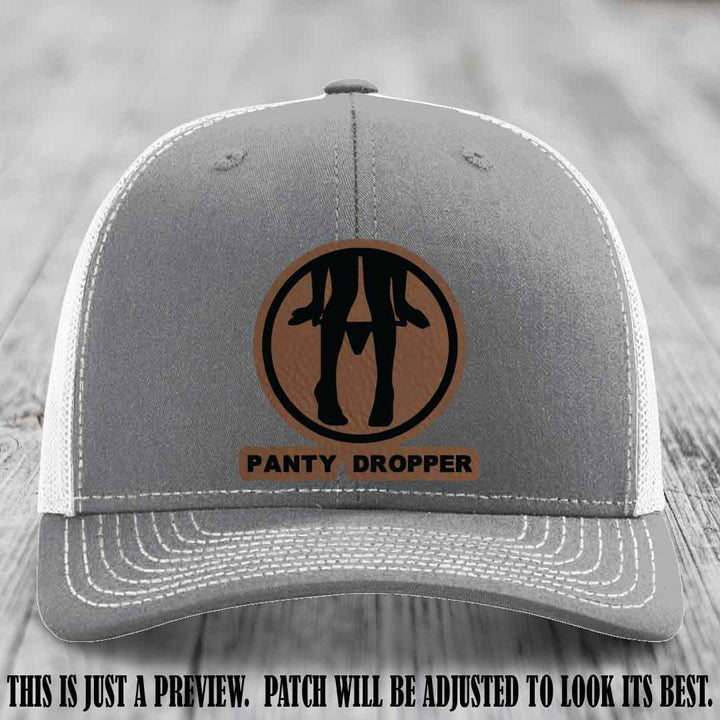 Panty Dropper Dark Brown to Black Patch Leather Patch on Heather Grey to White Hat - Richardson 112 Custom Hat
