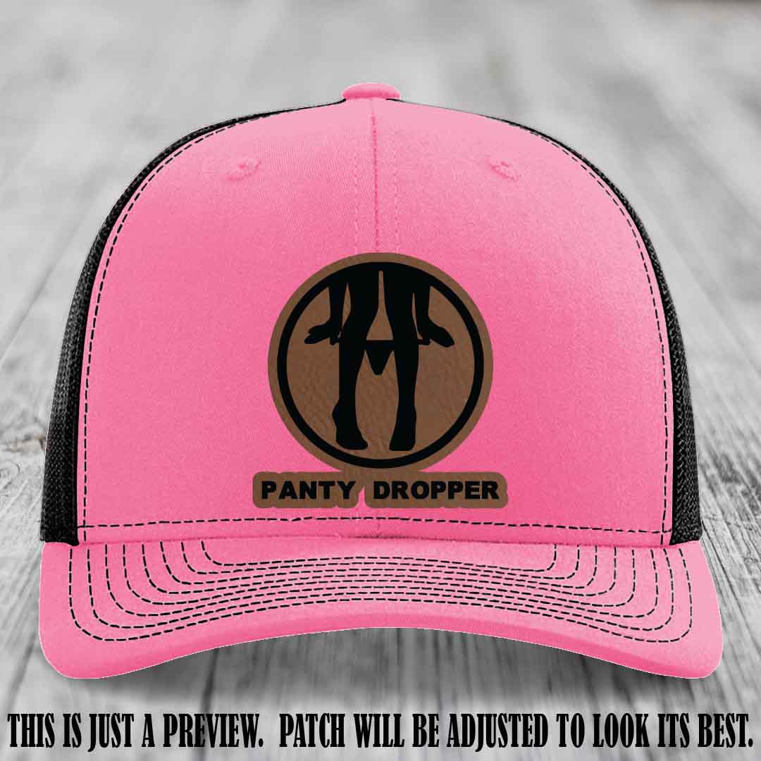 Panty Dropper Dark Brown to Black Patch Leather Patch on Hot Pink to Black Hat - Richardson 112 Custom Hat