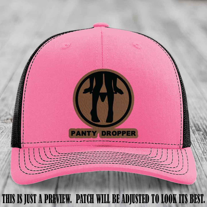 Panty Dropper Dark Brown to Black Patch Leather Patch on Hot Pink to Black Hat - Richardson 112 Custom Hat