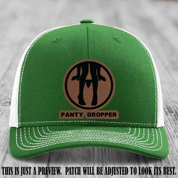 Panty Dropper Dark Brown to Black Patch Leather Patch on Kelly to White Hat - Richardson 112 Custom Hat