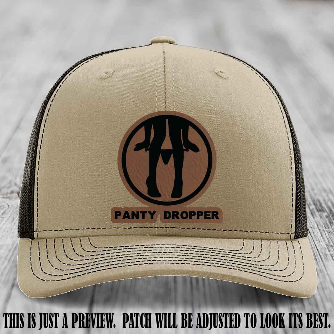 Panty Dropper Dark Brown to Black Patch Leather Patch on Khaki to Coffee Hat - Richardson 112 Custom Hat