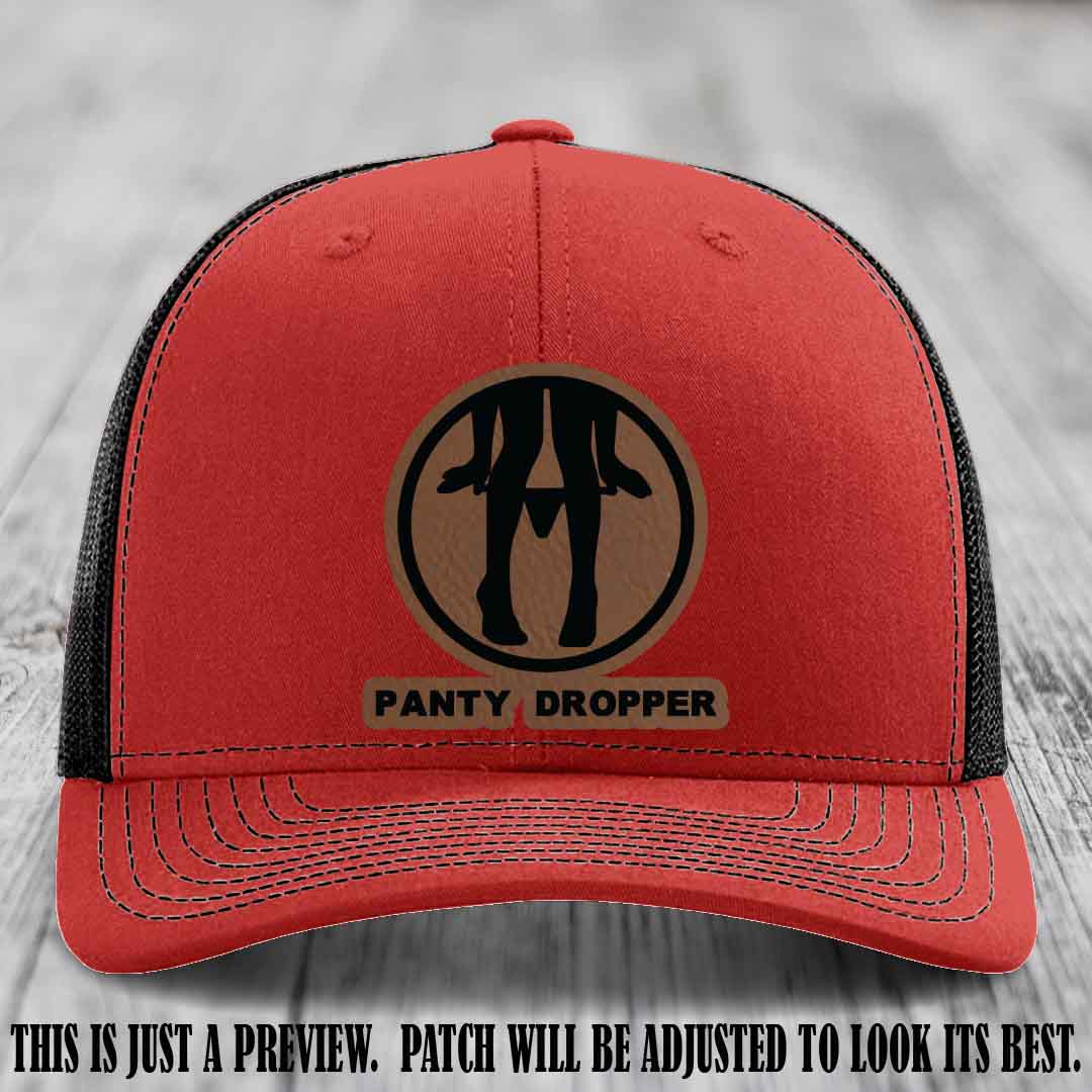 Panty Dropper Dark Brown to Black Patch Leather Patch on Red to Black Hat - Richardson 112 Custom Hat