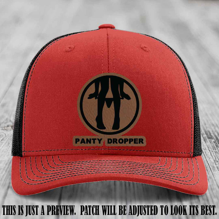 Panty Dropper Dark Brown to Black Patch Leather Patch on Red to Black Hat - Richardson 112 Custom Hat