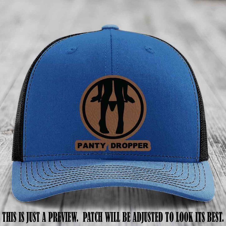 Panty Dropper Dark Brown to Black Patch Leather Patch on Royal to Black Hat - Richardson 112 Custom Hat