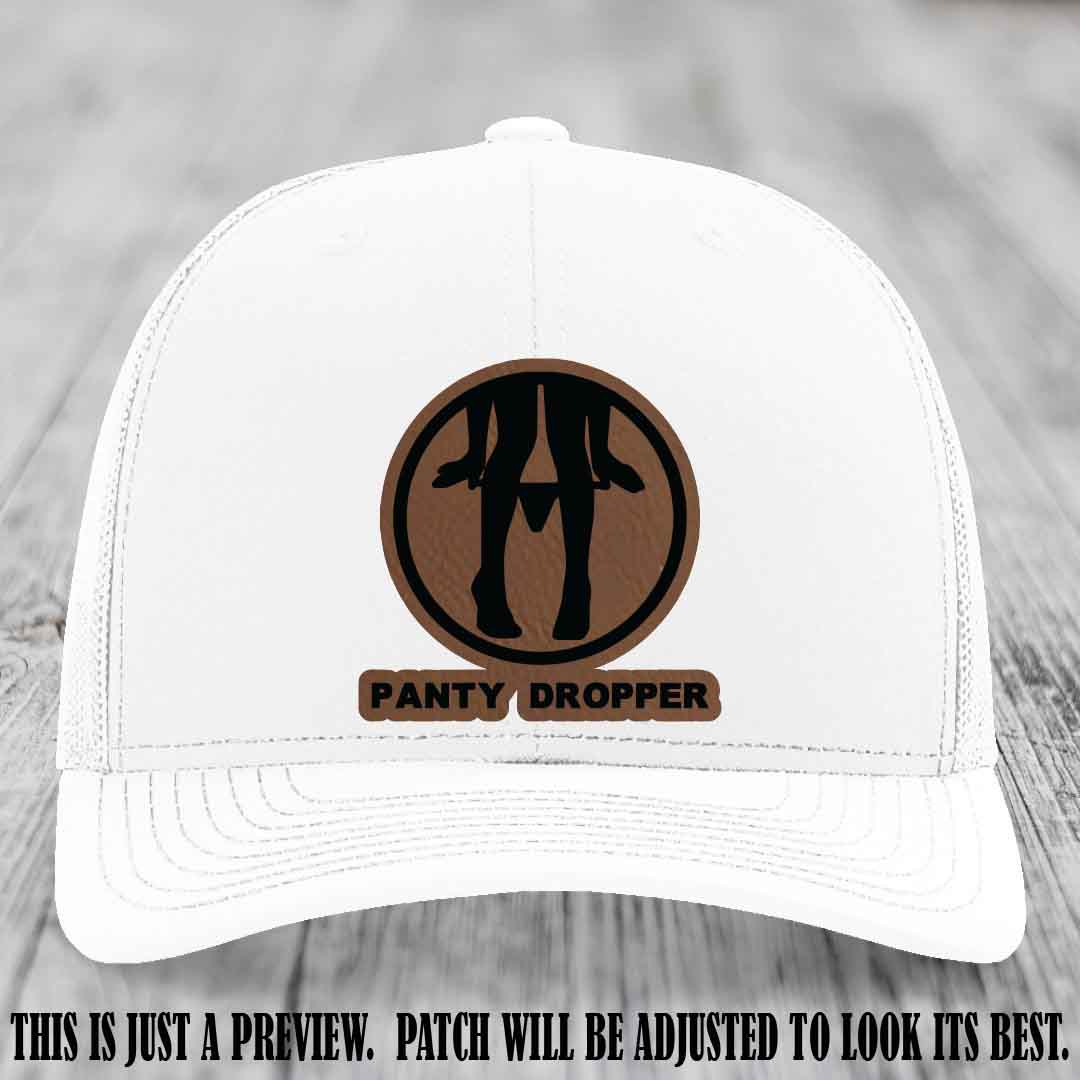 Panty Dropper Dark Brown to Black Patch Leather Patch on White Hat - Richardson 112 Custom Hat