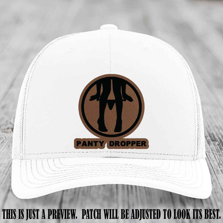 Panty Dropper Dark Brown to Black Patch Leather Patch on White Hat - Richardson 112 Custom Hat