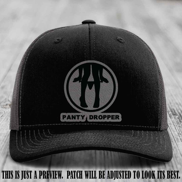 Panty Dropper Grey to Black Patch Leather Patch on Black to Charcoal Hat - Richardson 112 Custom Hat