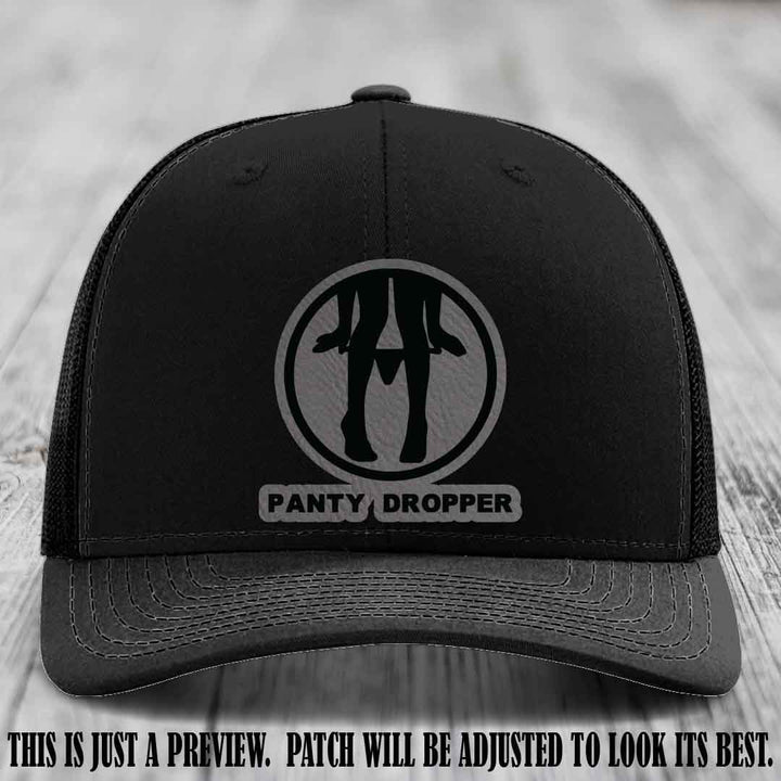 Panty Dropper Grey to Black Patch Leather Patch on Black Hat - Richardson 112 Custom Hat
