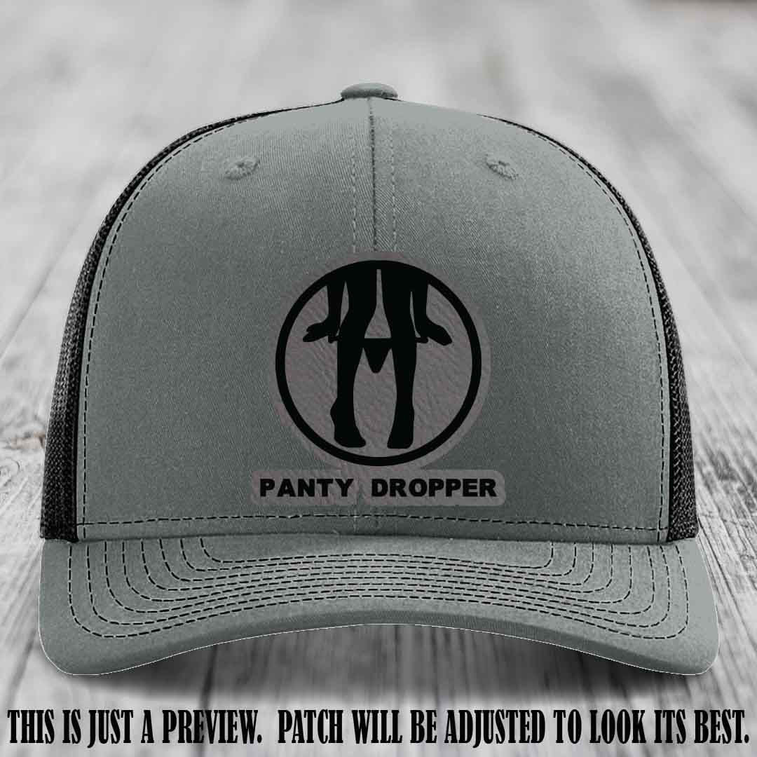 Panty Dropper Grey to Black Patch Leather Patch on Heather Grey to Black Hat - Richardson 112 Custom Hat