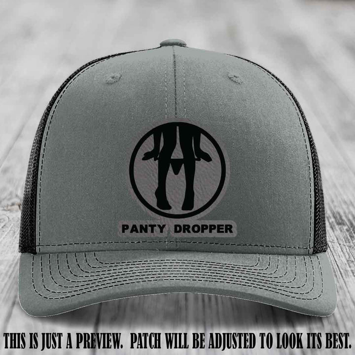 Panty Dropper Grey to Black Patch Leather Patch on Heather Grey to Black Hat - Richardson 112 Custom Hat