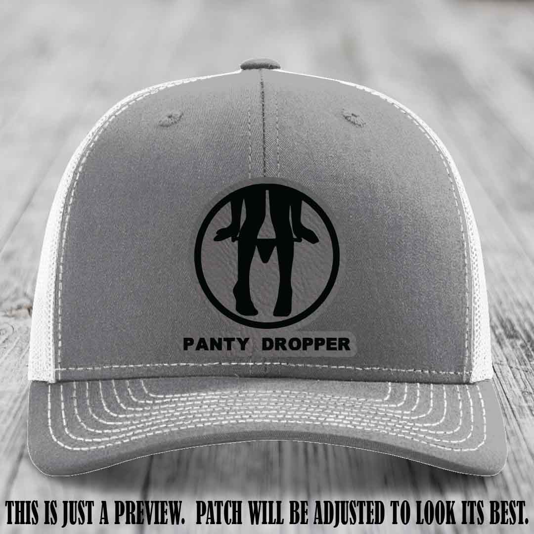 Panty Dropper Grey to Black Patch Leather Patch on Heather Grey to White Hat - Richardson 112 Custom Hat