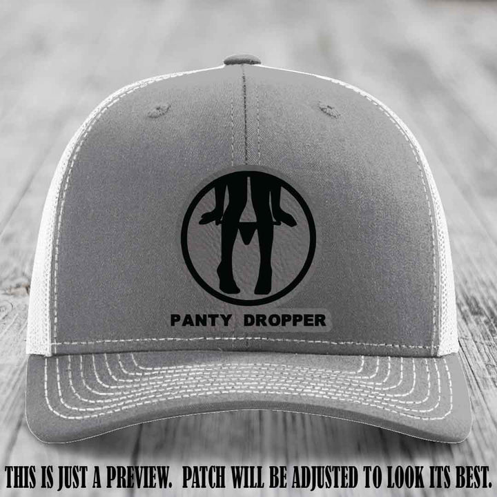 Panty Dropper Grey to Black Patch Leather Patch on Heather Grey to White Hat - Richardson 112 Custom Hat
