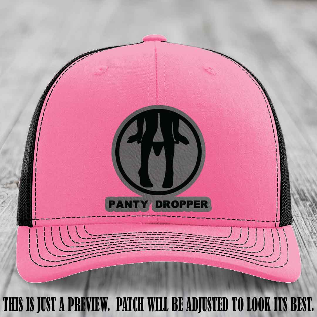 Panty Dropper Grey to Black Patch Leather Patch on Hot Pink to Black Hat - Richardson 112 Custom Hat