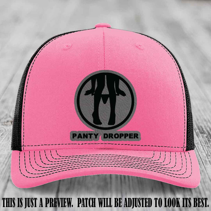 Panty Dropper Grey to Black Patch Leather Patch on Hot Pink to Black Hat - Richardson 112 Custom Hat